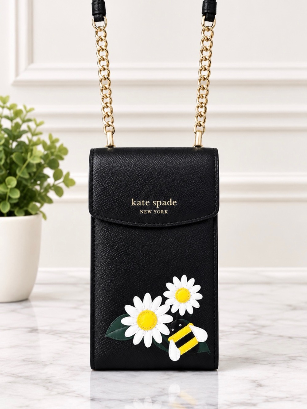 Kate Spade Black Leather Daisy Bee Phone Crossbody Bag